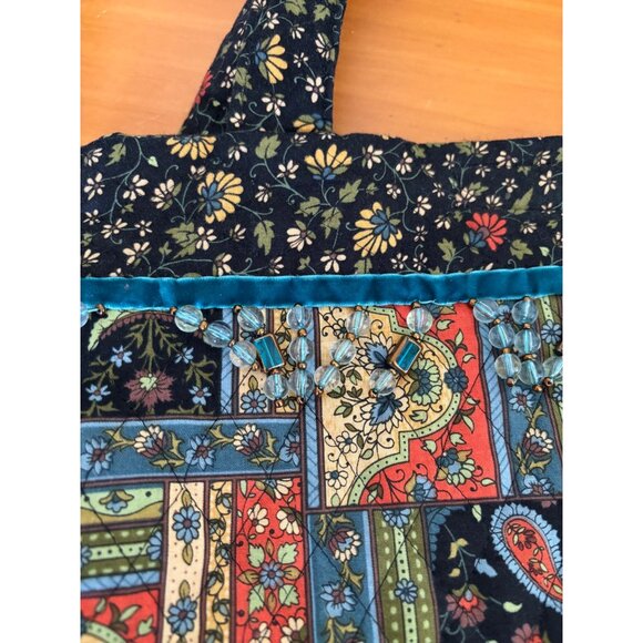 Handcrafted Boho Patchwork Tote Bag With Floral & Paisley Patterns Beaded Trim - Picture 4 of 14